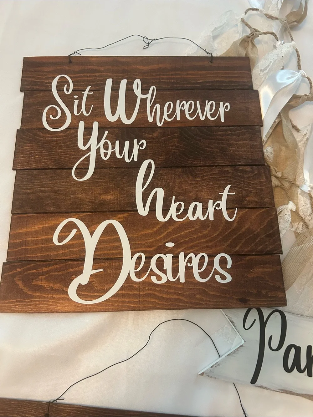 Rustic White & Brown Boho Outdoor Wedding Signs and Ribbon Garland Deco Bundle